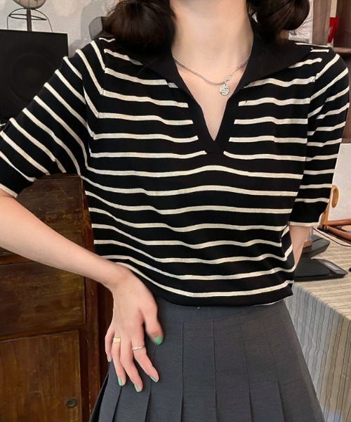 ABITOKYO(アビトーキョー)の「キーネックボーダーニットプルオーバー(ニット/セーター・レディース・ブラック/ベージュ/ネイビー・FREE)」の22枚目の写真