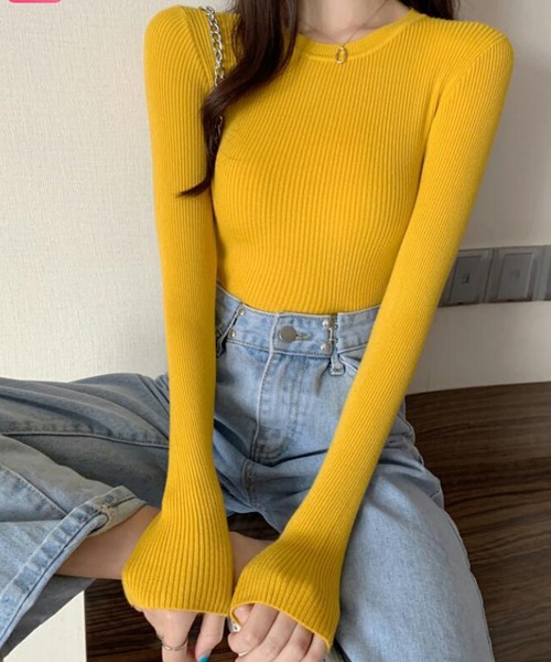 Girly Doll(ガーリードール)の「クルーネックリブニットセーター(ニット/セーター・レディース・ホワイト/ブラック/グレー/ベージュ/キャメル/イエロー/ブラウン/ピンク・F)」の6枚目の写真