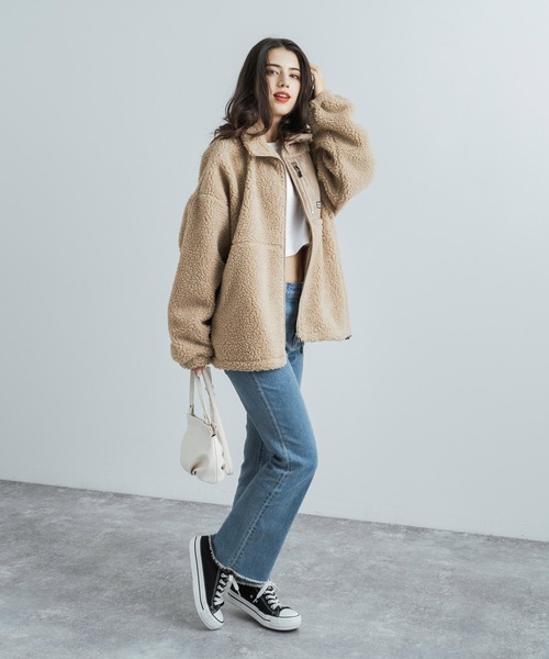 Mark Gonzales（マーク・ゴンザレス）の「Mark Gonzales マークゴンザレス 別注 フリースボアジャケットスタンドカラーブルゾン（ブルゾン・メンズ・ブラック/ベージュ/オフホワイト/ブラック×グレー/ホワイト×グレー・M/L/XL）」の12枚目の写真