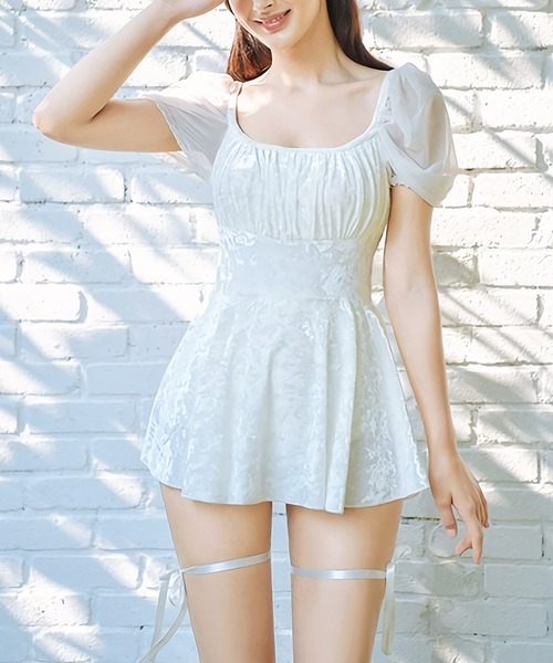 Dita Muaj.（ディータムアージュ）の「バッグリボンパフスリーブワンピース 水着（2タイプ展開）（水着・レディース・ホワイト/ホワイト系その他/モカ・M/L/XL）」の12枚目の写真