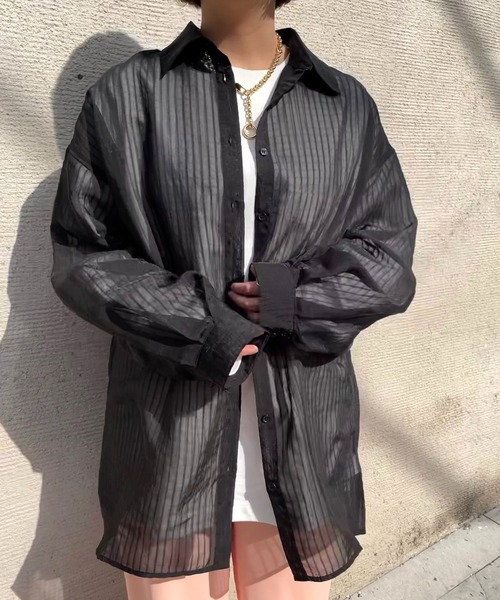 JUGLANS(ユグランス)の「☆ 圧倒的抜け感。シアーストライプビッグシャツ 30414H132(シャツ/ブラウス・レディース・ブラック/ピンク/ライム・FREE)」の11枚目の写真