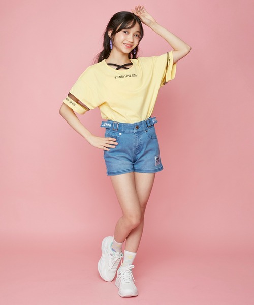 JENNI love(ジェニィラブ)の「サイドベルトデニムショーパン(デニムパンツ・キッズ・サックスブルー/ブルー・130cm/140cm/150cm/160cm)」の10枚目の写真