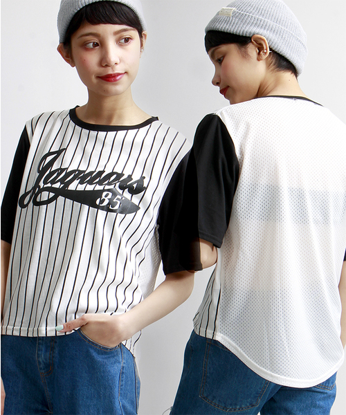 WEGO（ウィゴー）の「WEGO/ストライプメッシュ切替Tシャツ（Tシャツ/カットソー・レディース・ブラック/ネイビー・FREE）」の2枚目の写真