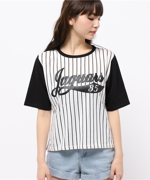 WEGO（ウィゴー）の「WEGO/ストライプメッシュ切替Tシャツ（Tシャツ/カットソー・レディース・ブラック/ネイビー・FREE）」の3枚目の写真