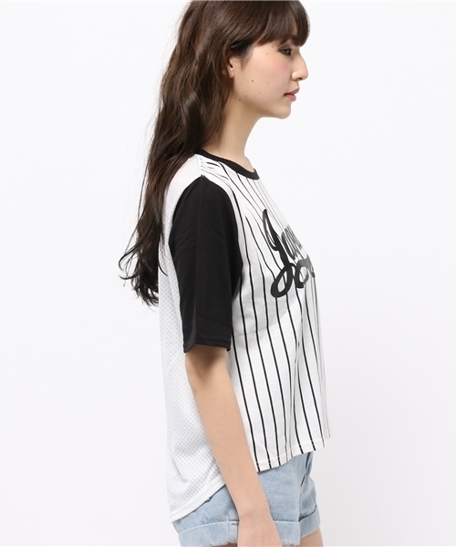 WEGO（ウィゴー）の「WEGO/ストライプメッシュ切替Tシャツ（Tシャツ/カットソー・レディース・ブラック/ネイビー・FREE）」の4枚目の写真