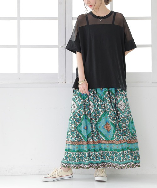 osharewalker（オシャレウォーカー）の「【廃盤】『シアーメッシュ切替デザインTシャツ』（Tシャツ/カットソー・レディース・カーキ/ブラック・FREE）」の4枚目の写真