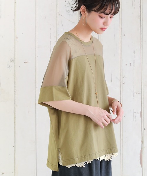 osharewalker（オシャレウォーカー）の「【廃盤】『シアーメッシュ切替デザインTシャツ』（Tシャツ/カットソー・レディース・カーキ/ブラック・FREE）」の6枚目の写真