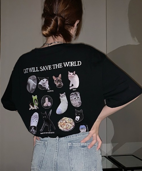 MANGROVE（マングローブ）の「オーバーサイズキャットグラフィックTEE（Tシャツ/カットソー・レディース・ホワイト/ブラック・FREE）」の4枚目の写真