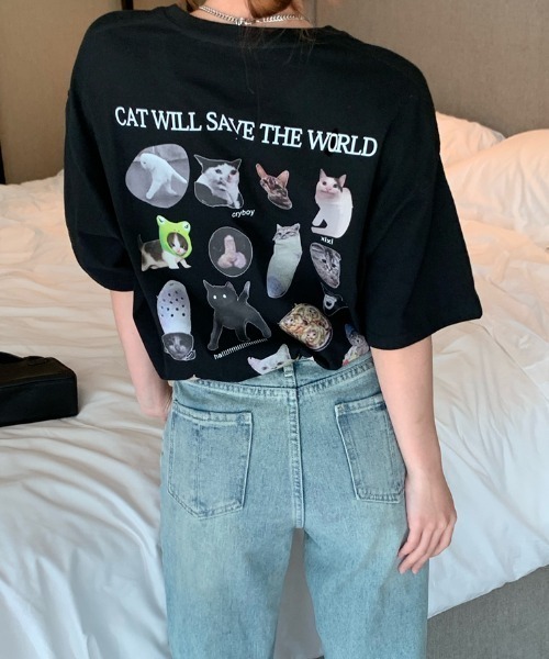 MANGROVE（マングローブ）の「オーバーサイズキャットグラフィックTEE（Tシャツ/カットソー・レディース・ホワイト/ブラック・FREE）」の9枚目の写真