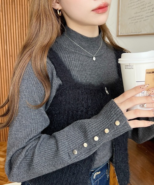 BATONER アイボリー ボタン付きポロネックセーター Made in JAPAN】ボタン タートルネック ニット