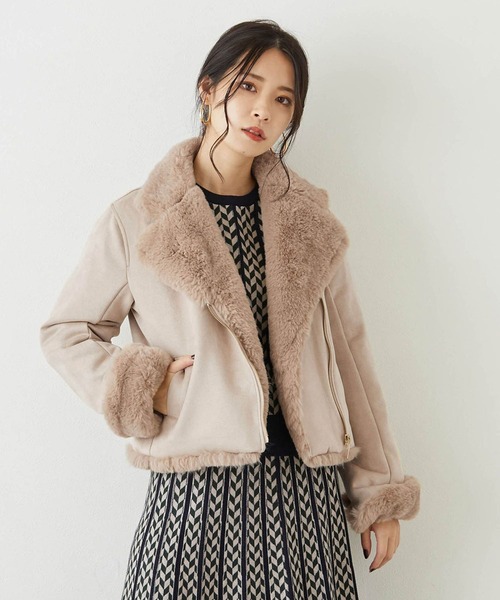 NICOLE white（ニコルホワイト）の「スエードボンディング ファー付きライダース（ライダースジャケット・レディース・グレー/モカ/ベージュ・FREE）」の3枚目の写真