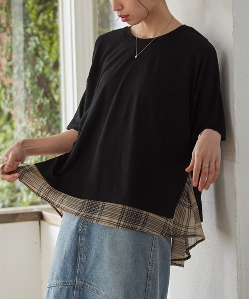 RANAN（ラナン）の「チェック柄異素材使いプルオーバー（Tシャツ/カットソー・レディース・ブラック系1/ブラック系3/ブラック系2/ネイビー・M/LL/L）」の2枚目の写真