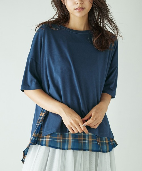 RANAN（ラナン）の「チェック柄異素材使いプルオーバー（Tシャツ/カットソー・レディース・ブラック系1/ブラック系3/ブラック系2/ネイビー・M/LL/L）」の4枚目の写真
