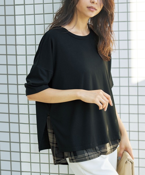 RANAN（ラナン）の「チェック柄異素材使いプルオーバー（Tシャツ/カットソー・レディース・ブラック系1/ブラック系3/ブラック系2/ネイビー・M/LL/L）」の5枚目の写真