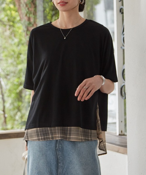 RANAN（ラナン）の「チェック柄異素材使いプルオーバー（Tシャツ/カットソー・レディース・ブラック系1/ブラック系3/ブラック系2/ネイビー・M/LL/L）」の22枚目の写真