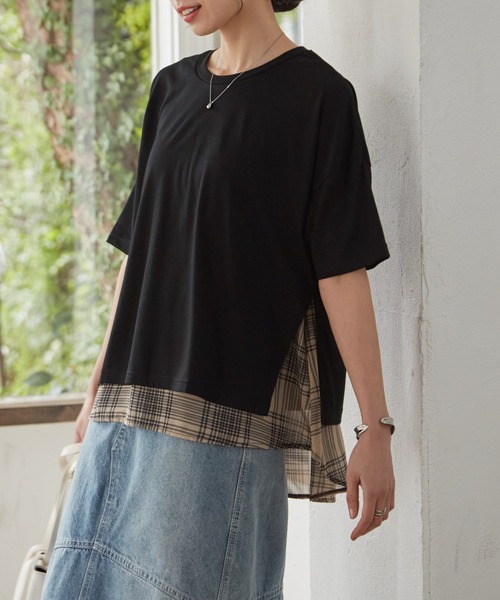 RANAN（ラナン）の「チェック柄異素材使いプルオーバー（Tシャツ/カットソー・レディース・ブラック系1/ブラック系3/ブラック系2/ネイビー・M/LL/L）」の21枚目の写真