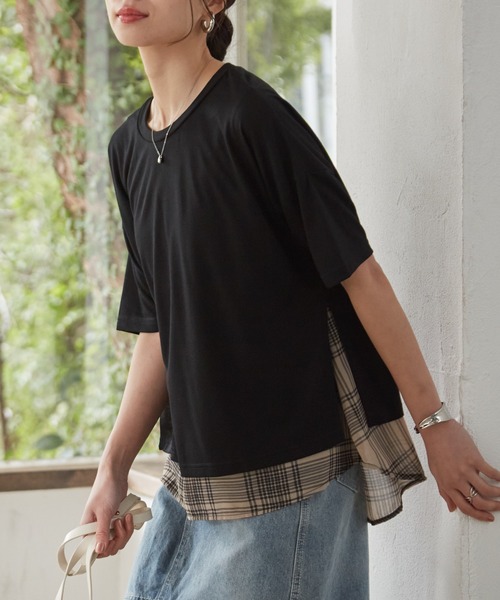 RANAN（ラナン）の「チェック柄異素材使いプルオーバー（Tシャツ/カットソー・レディース・ブラック系1/ブラック系3/ブラック系2/ネイビー・M/LL/L）」の20枚目の写真