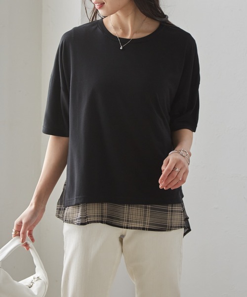 RANAN（ラナン）の「チェック柄異素材使いプルオーバー（Tシャツ/カットソー・レディース・ブラック系1/ブラック系3/ブラック系2/ネイビー・M/LL/L）」の12枚目の写真