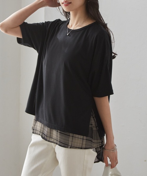 RANAN（ラナン）の「チェック柄異素材使いプルオーバー（Tシャツ/カットソー・レディース・ブラック系1/ブラック系3/ブラック系2/ネイビー・M/LL/L）」の11枚目の写真