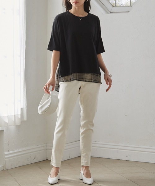 RANAN（ラナン）の「チェック柄異素材使いプルオーバー（Tシャツ/カットソー・レディース・ブラック系1/ブラック系3/ブラック系2/ネイビー・M/LL/L）」の9枚目の写真