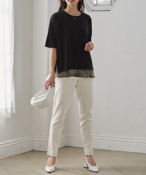 RANAN（ラナン）の「チェック柄異素材使いプルオーバー（Tシャツ/カットソー・レディース・ブラック系1/ブラック系3/ブラック系2/ネイビー・M/LL/L）」の7枚目の写真