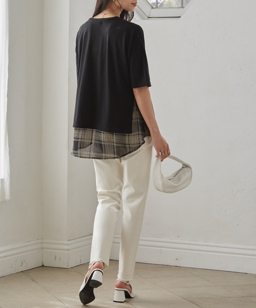 RANAN（ラナン）の「チェック柄異素材使いプルオーバー（Tシャツ/カットソー・レディース・ブラック系1/ブラック系3/ブラック系2/ネイビー・M/LL/L）」の6枚目の写真
