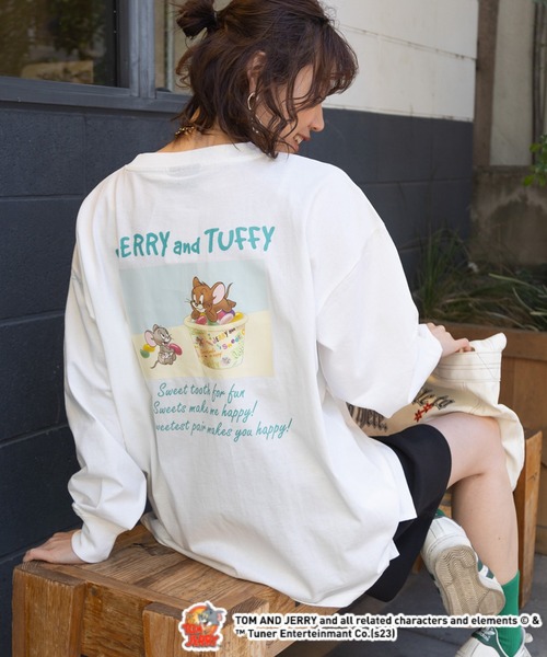Tom&Jerry(トムアンドジェリー)の「【トムとジェリー】刺繍/プリントロンT(Tシャツ/カットソー・レディース・グリーン/ホワイト系1/ホワイト系2/グレー・FREE)」の2枚目の写真