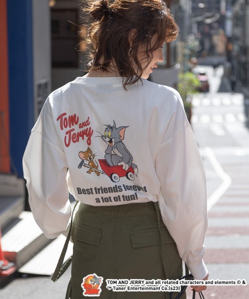 Tom&Jerry(トムアンドジェリー)の「【トムとジェリー】刺繍/プリントロンT(Tシャツ/カットソー・レディース・グリーン/ホワイト系1/ホワイト系2/グレー・FREE)」の3枚目の写真