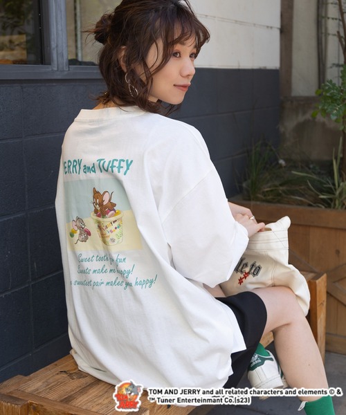 Tom&Jerry(トムアンドジェリー)の「【トムとジェリー】刺繍/プリントロンT(Tシャツ/カットソー・レディース・グリーン/ホワイト系1/ホワイト系2/グレー・FREE)」の10枚目の写真