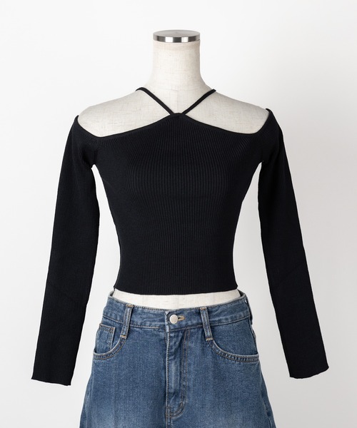 セール】【 2color 】クロスストラップオフショルダーリブニット