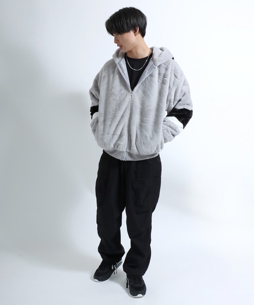 Salong hameu（サロン ハミュー）の「袖ライン フェイクファーブルゾンジャケット ジップアップパーカー メンズ レディース/ファーコート（ブルゾン・メンズ・ブラック/ネイビー/グレー・LL/M/L）」の11枚目の写真