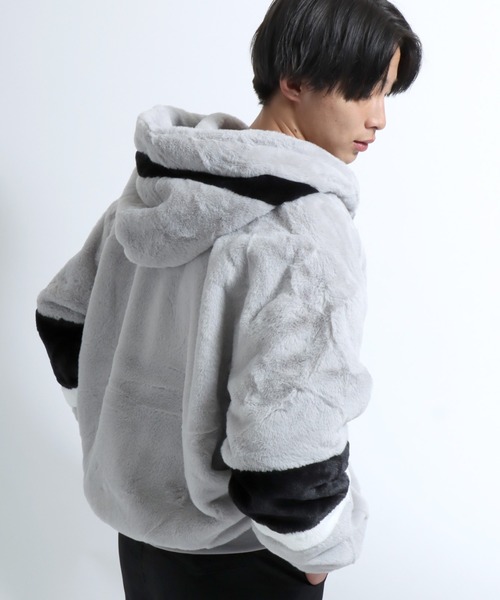 Salong hameu（サロン ハミュー）の「袖ライン フェイクファーブルゾンジャケット ジップアップパーカー メンズ レディース/ファーコート（ブルゾン・メンズ・ブラック/ネイビー/グレー・LL/M/L）」の7枚目の写真