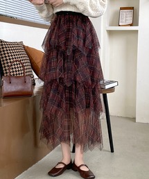 24ss/チェック柄チュールフリルボリュームスカート