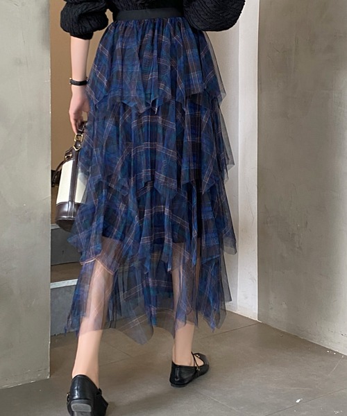 DIAVEL（ディアベル）の「24ss/チェック柄チュールフリルボリュームスカート（スカート・レディース・ブラウン/ブルー/ブラック・M）」の3枚目の写真