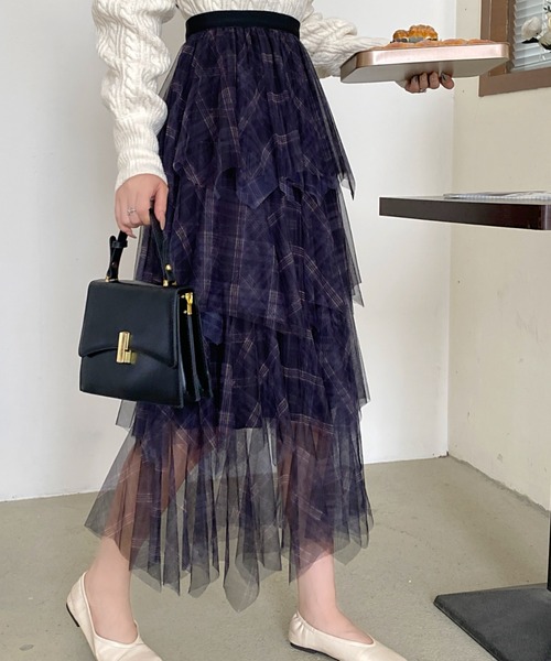 DIAVEL（ディアベル）の「24ss/チェック柄チュールフリルボリュームスカート（スカート・レディース・ブラウン/ブルー/ブラック・M）」の2枚目の写真