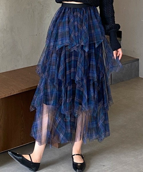 DIAVEL（ディアベル）の「24ss/チェック柄チュールフリルボリュームスカート（スカート・レディース・ブラウン/ブルー/ブラック・M）」の5枚目の写真