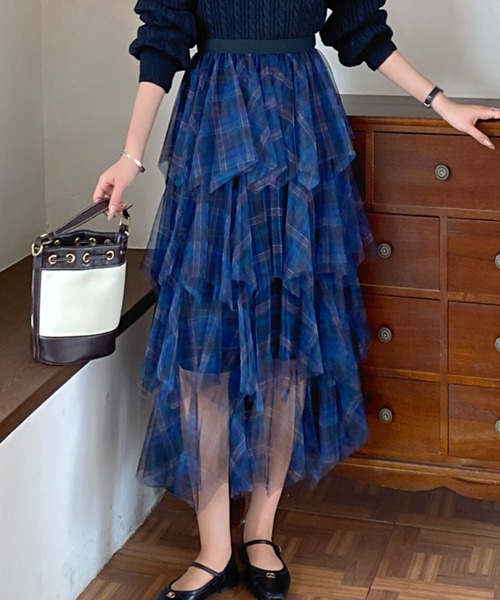 DIAVEL（ディアベル）の「24ss/チェック柄チュールフリルボリュームスカート（スカート・レディース・ブラウン/ブルー/ブラック・M）」の6枚目の写真