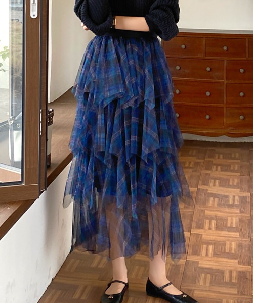 DIAVEL（ディアベル）の「24ss/チェック柄チュールフリルボリュームスカート（スカート・レディース・ブラウン/ブルー/ブラック・M）」の7枚目の写真