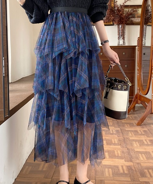 DIAVEL（ディアベル）の「24ss/チェック柄チュールフリルボリュームスカート（スカート・レディース・ブラウン/ブルー/ブラック・M）」の8枚目の写真