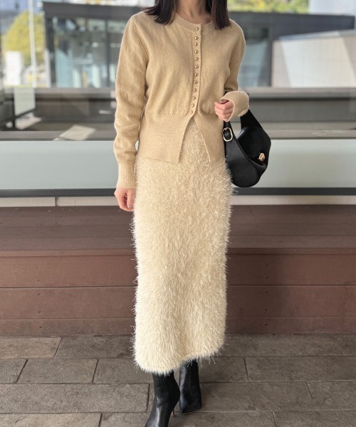 MUVEIL ショート丈 ベージュリブ編みカーディガンT94