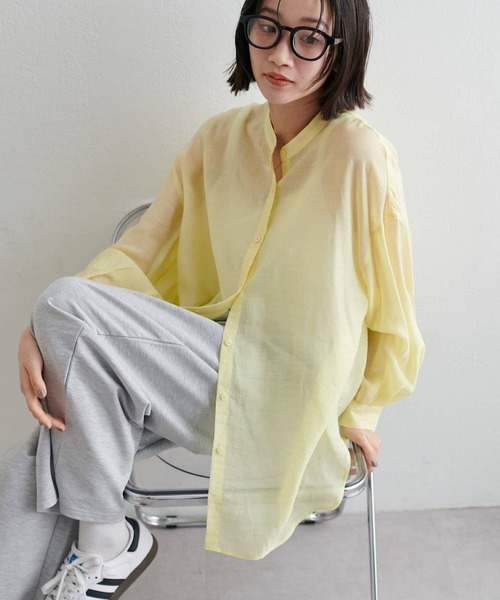 DISCOAT（ディスコート）の「【新色追加！】シアーバンドカラーシャツ（シャツ/ブラウス・レディース・グレー/オフホワイト/ピンク/ブルー/ミント/チャコールグレー/バイオレット/ブラウン/モカ/イエロー・FREE）」の9枚目の写真