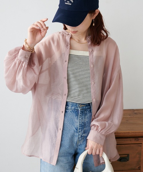 DISCOAT（ディスコート）の「【新色追加！】シアーバンドカラーシャツ（シャツ/ブラウス・レディース・グレー/オフホワイト/ピンク/ブルー/ミント/チャコールグレー/バイオレット/ブラウン/モカ/イエロー・FREE）」の15枚目の写真