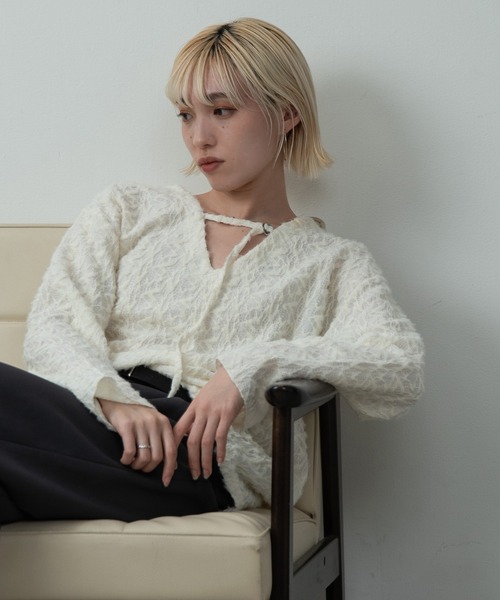 Amiur（エミレ）の「nuance sheer v neck tops / ニュアンスシアーvネックトップス（Tシャツ/カットソー・レディース・アイボリー/ブラック・FREE）」の11枚目の写真