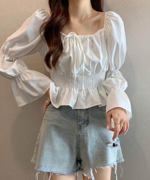 SpRay（スプレイ）の「シャーリングパフブラウス（シャツ/ブラウス・レディース・アイボリー/ブラック/ホワイト・FREE）」の5枚目の写真