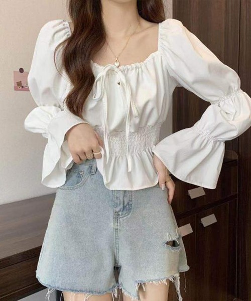 SpRay（スプレイ）の「シャーリングパフブラウス（シャツ/ブラウス・レディース・アイボリー/ブラック/ホワイト・FREE）」の7枚目の写真