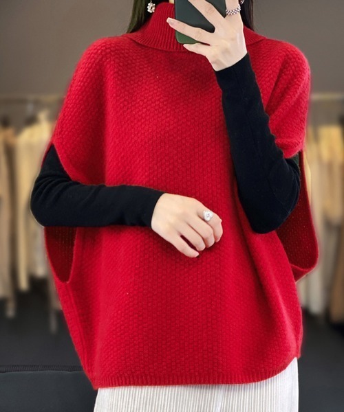 Miniministore(ミニミニストア)の「ニットベスト ジレ タートルネック重ね着(ベスト・レディース・ライトブラウン/ブラック/ライトベージュ/レッド・FREE)」の4枚目の写真