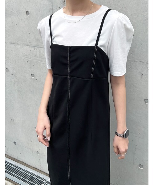 Re:EDIT（リエディ）の「[低身長サイズ有][イージーケア]カットジョーゼット配色ステッチキャミワンピース（ワンピース・レディース・チャコールグレー/ブラック・SHORT/MEDIUM/LARGE）」の4枚目の写真