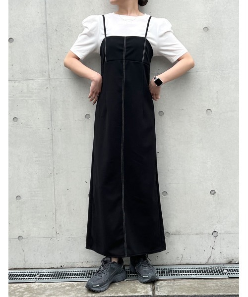 Re:EDIT（リエディ）の「[低身長サイズ有][イージーケア]カットジョーゼット配色ステッチキャミワンピース（ワンピース・レディース・チャコールグレー/ブラック・SHORT/MEDIUM/LARGE）」の9枚目の写真