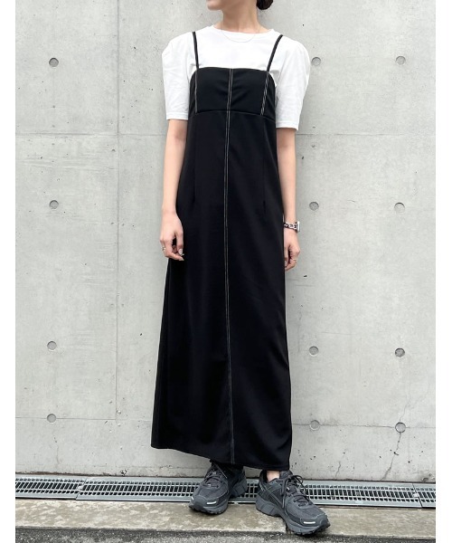 Re:EDIT（リエディ）の「[低身長サイズ有][イージーケア]カットジョーゼット配色ステッチキャミワンピース（ワンピース・レディース・チャコールグレー/ブラック・SHORT/MEDIUM/LARGE）」の3枚目の写真