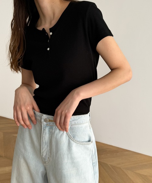 CANAL JEAN（キャナルジーン）の「El mar　ラウンドネックヘンリー半袖Tシャツ（Tシャツ/カットソー・レディース・ネイビー/グレー/アイボリー/ブラック・ONE SIZE）」の2枚目の写真